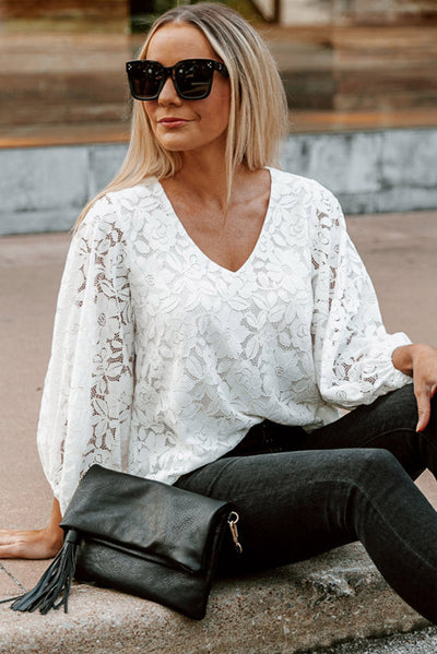 White Floral Lace Crochet Loose Fit V Neck Top