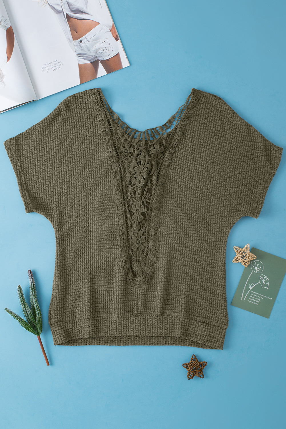 Moss Green Guipure Lace Patch Textured T-shirt