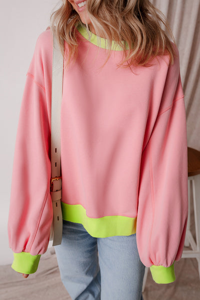 Pink Colorblock Bubble Sleeve Sweatshirt