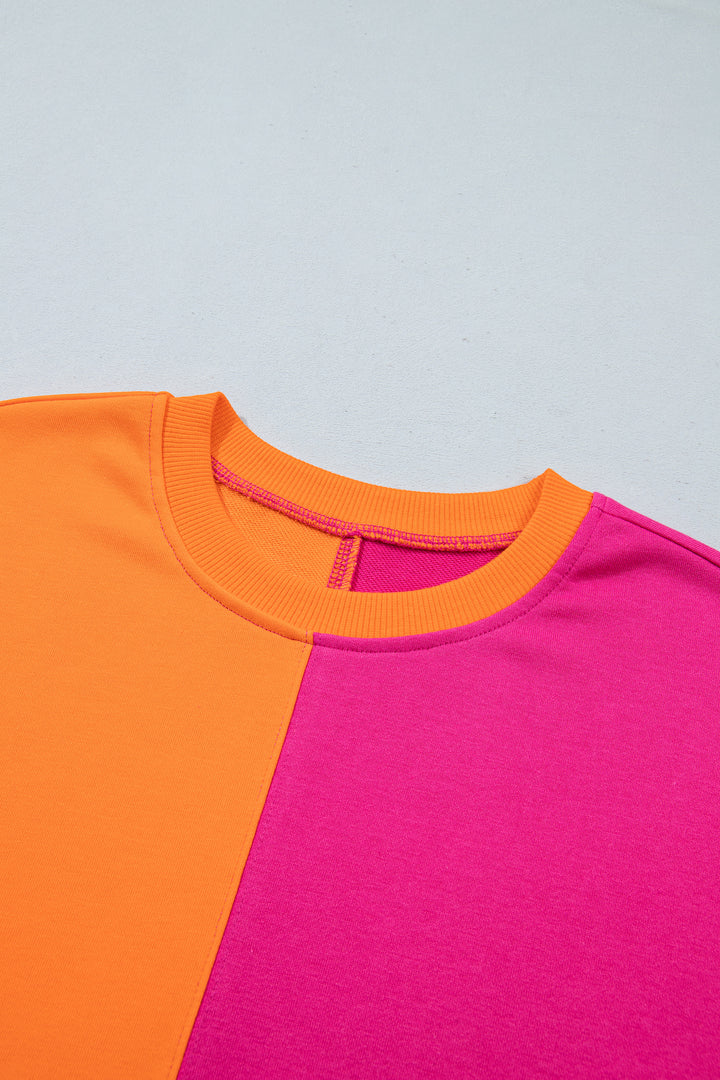 Rose Red Colorblock Gingham Sleeve Crewneck Sweatshirt