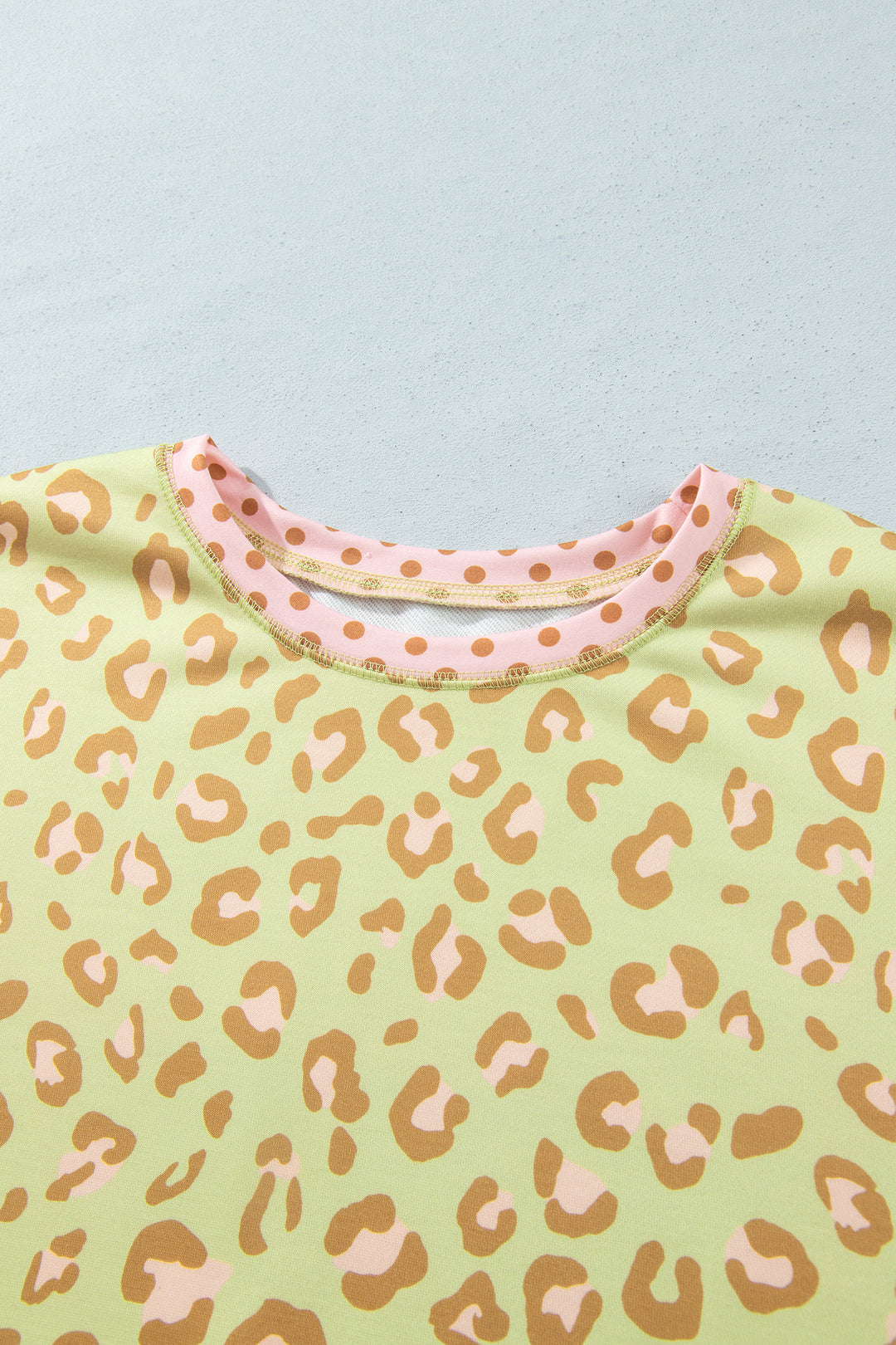Khaki Plus Size Leopard Print Contrast Polka Dot Trim Long Sleeve Top