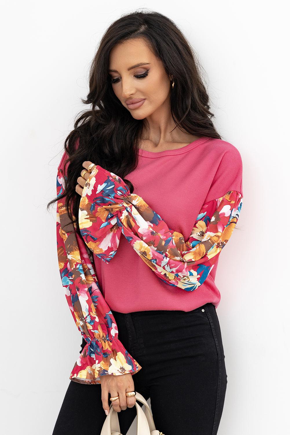 Sachet Pink Flower Patchwork Ruffled Sleeve Ribbed Knit Drop Shoulder Top