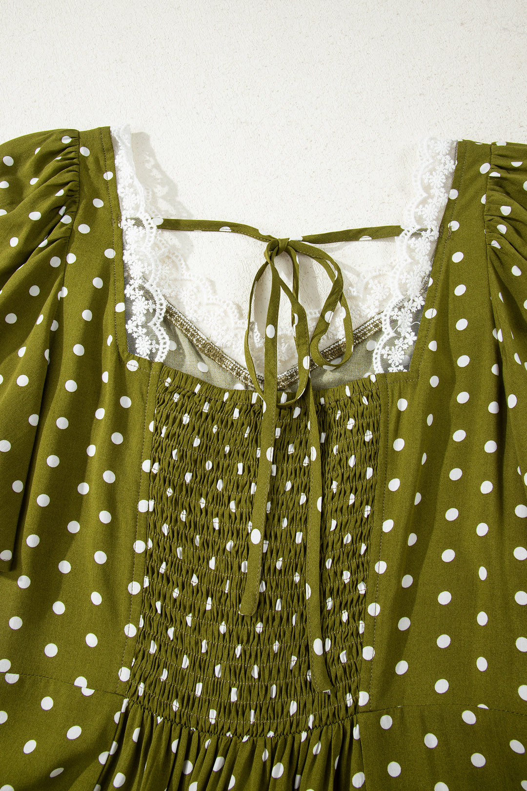 Green Polka Dot Print Lacy Neckline Smocked High Waist Maxi Dress