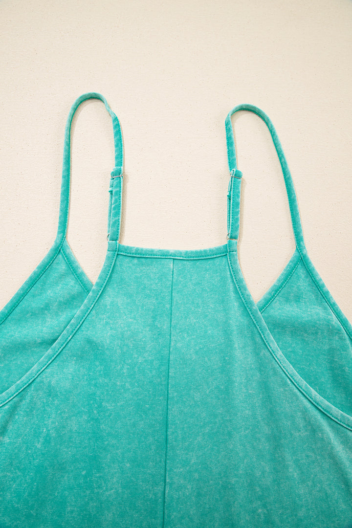 Mint Green Mineral Wash Spaghetti Straps Pocketed Romper