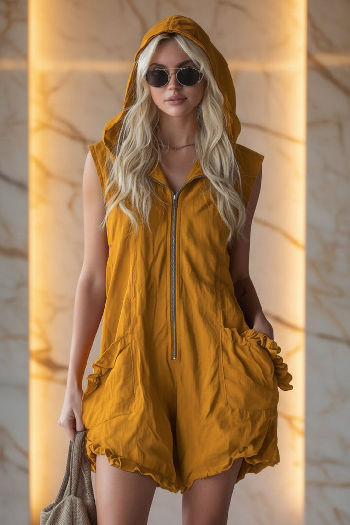 Hooded Zip-Up Linen Romper | Ruffle Pocket &amp; Hem | Sleeveless Boho Jumpsuit