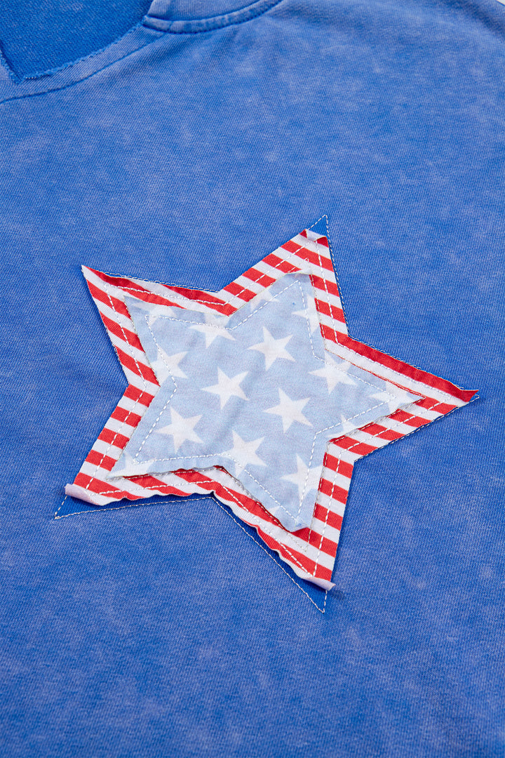 White Patriot Star Patched Notched Neck Mineral Washed Tee