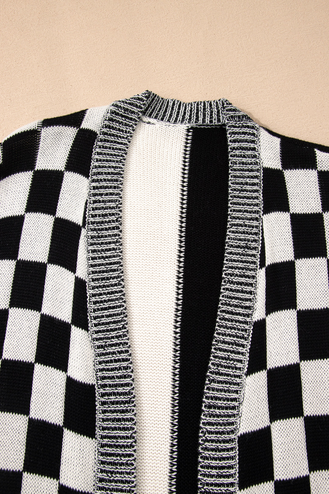 Black Checkered Bubble Sleeve Drop Shoulder Open Cardigan