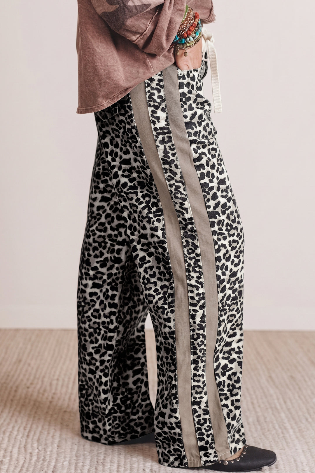 Khaki Leopard Print Drawstring Waist Straight Leg Jeans