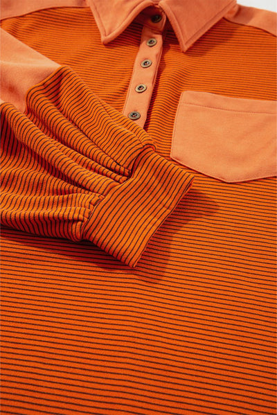 Orange Stripe Exposed Seam Henley Turn-down Neck Puff Sleeve Sweatshirt