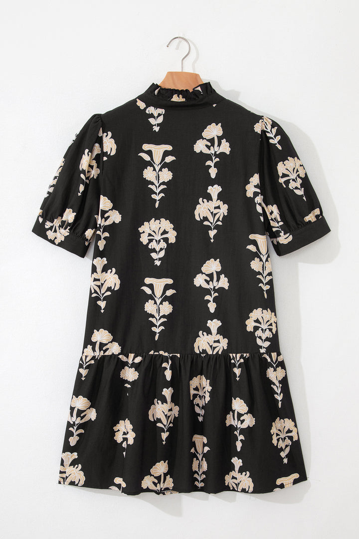 Green Frilled V Neck Puff Short Sleeve Floral Mini Dress