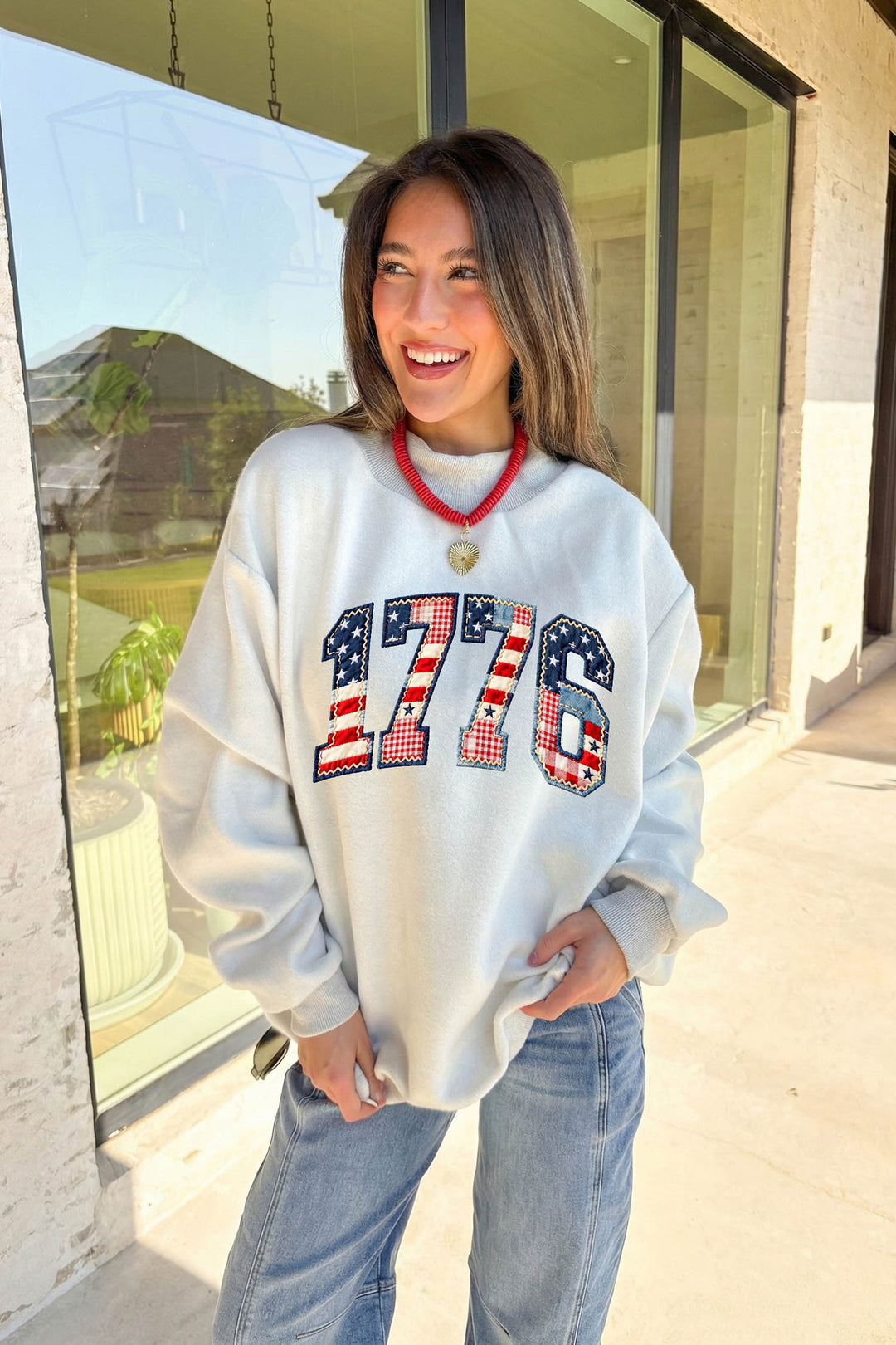 Light Grey AMERICA 1776 Faux Patchwork Print Reversible Mock Neck Sweatshirt