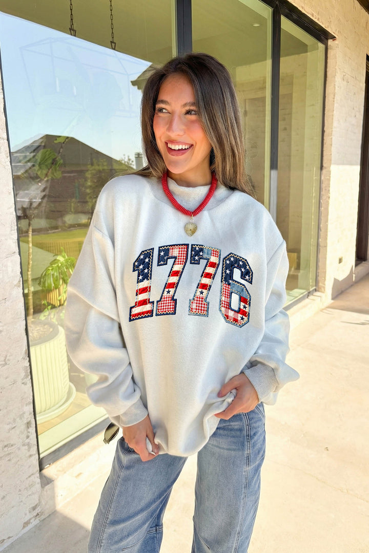 Light Grey AMERICA 1776 Faux Patchwork Print Reversible Mock Neck Sweatshirt