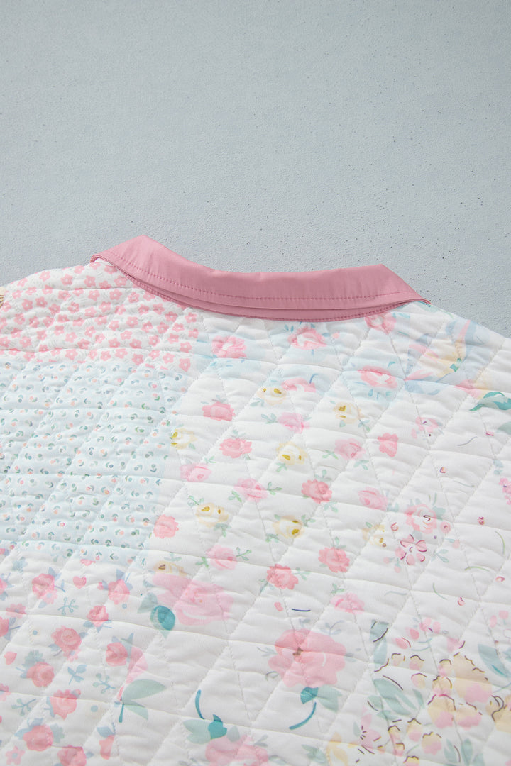 Pink Floral Quilted V-Neck Plus Size Fake Pocket Sweatshirt