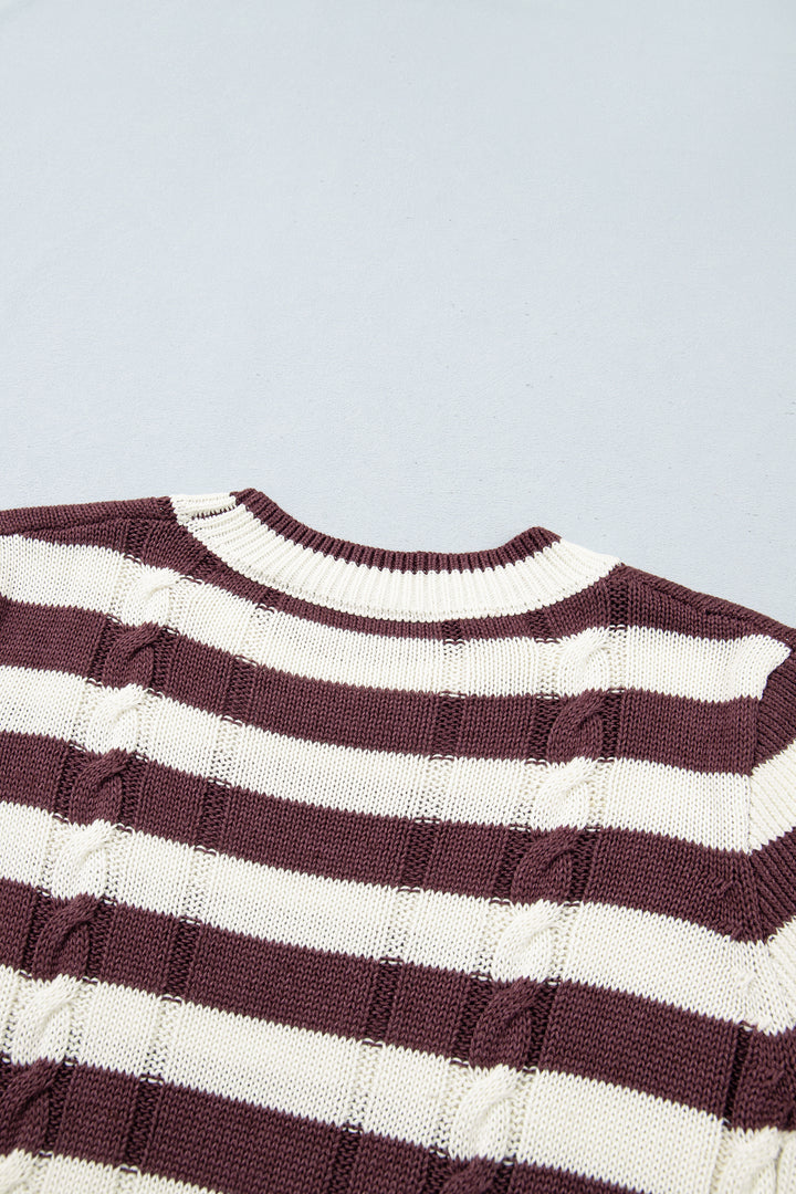Brown Stripe Ribbed Knit Cable Detail Short Sleeve Sweater