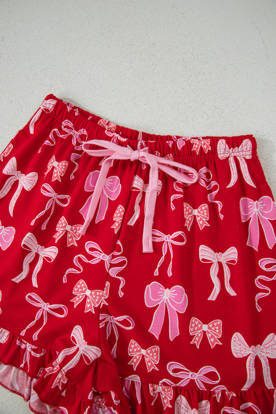 Red Sweet Bow Print Ruffled Short Sleeve Shirt Shorts 2pcs Pajama Set
