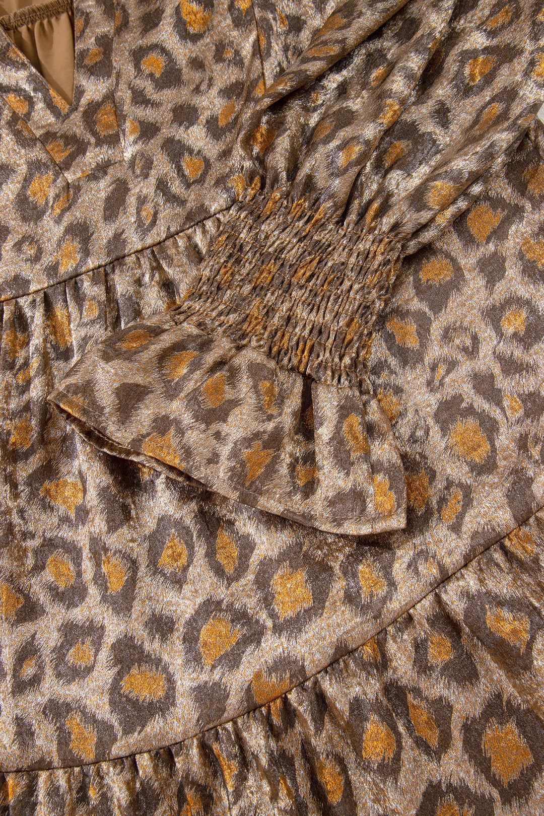 Khaki Leopard Print V Neck Ruffled Sleeve Tiered Loose Mini Dress