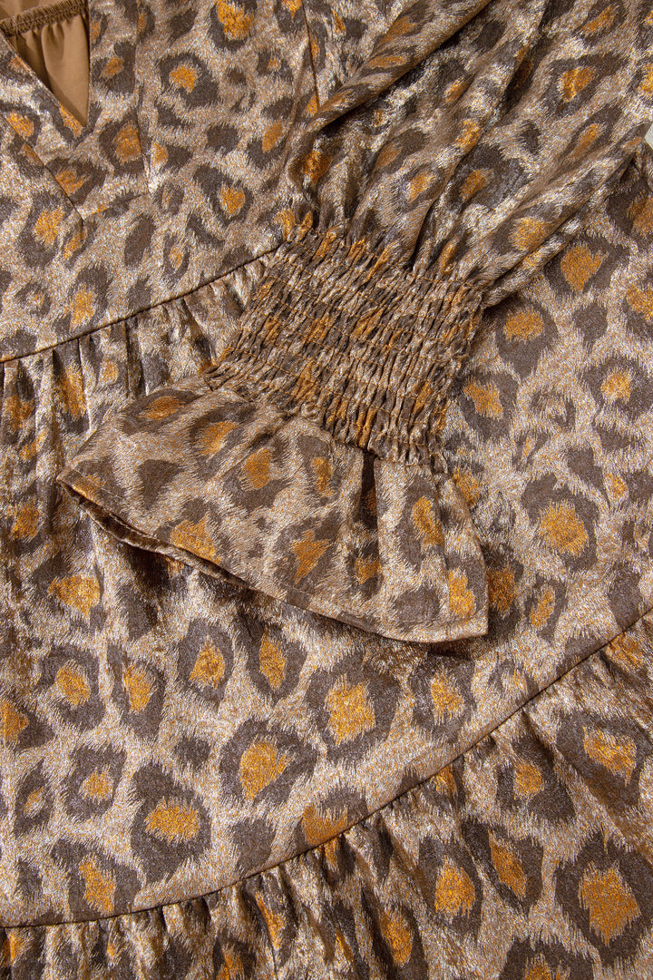 Khaki Leopard Print V Neck Ruffled Sleeve Tiered Loose Mini Dress