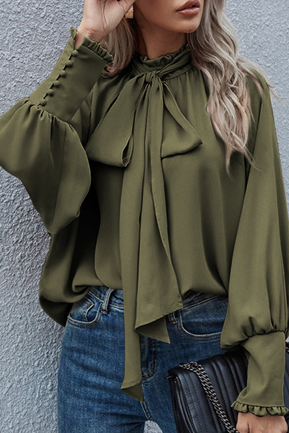 Jungle Green Frilled Knotted Mock Neck Bishop Sleeve Blouse