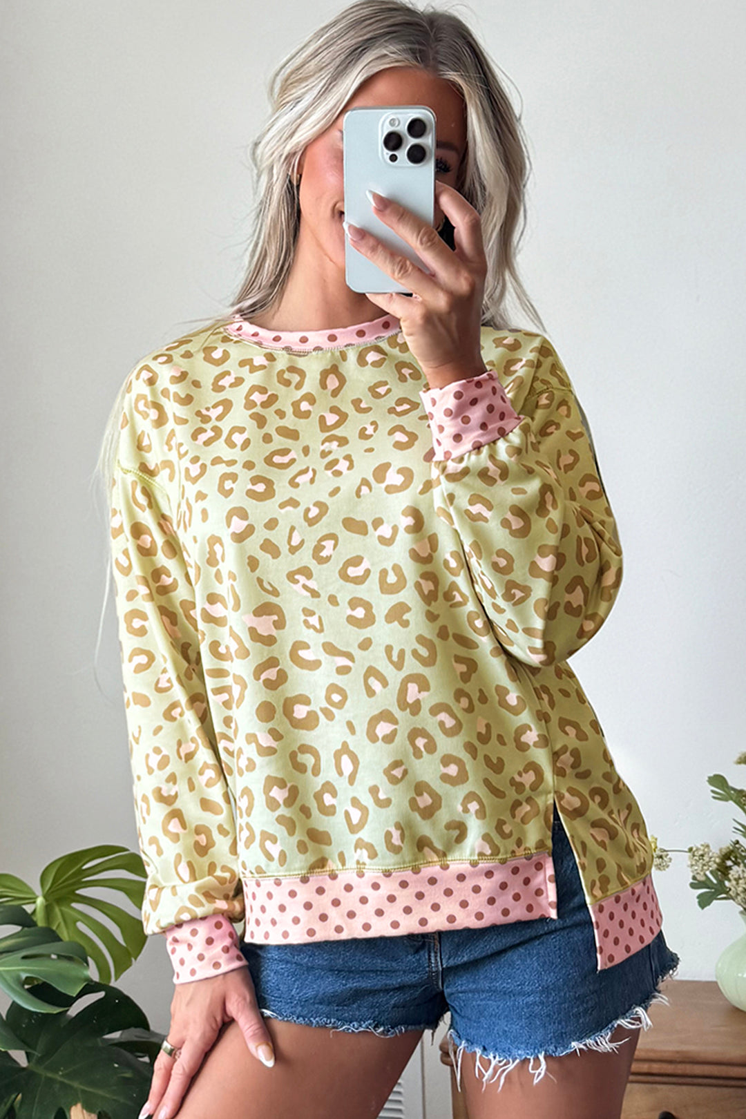 Khaki Leopard Polka Dot Colorblock Trim Long Sleeve Top