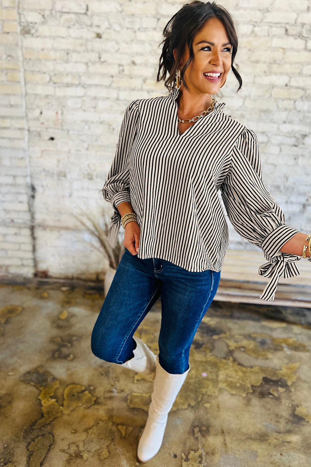Black Stripe Knotted Cuff Long Sleeve V Neck Blouse
