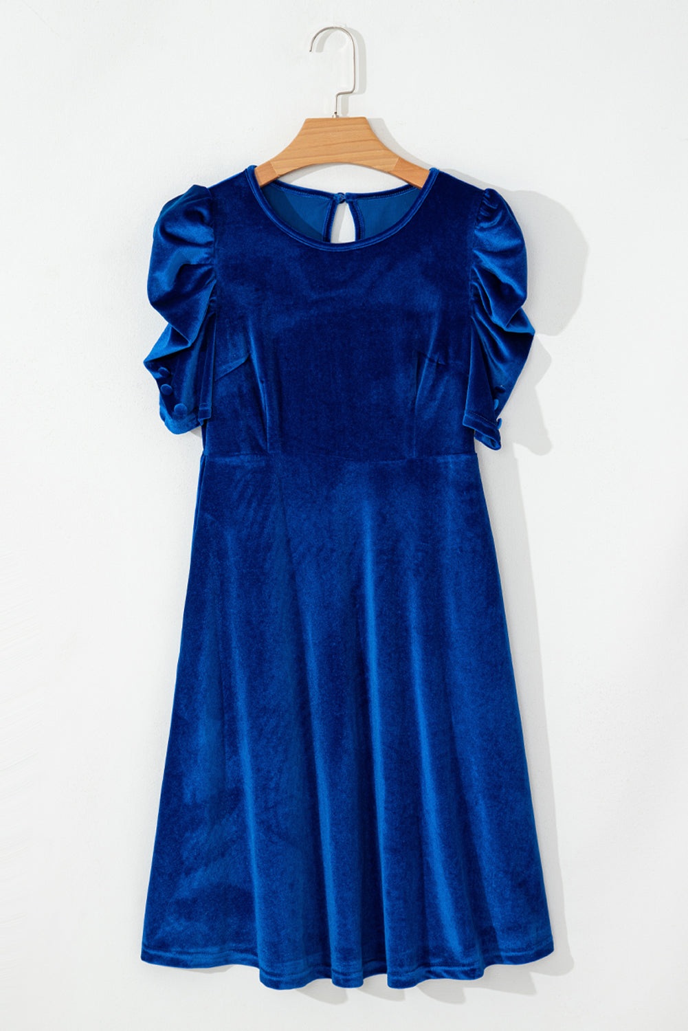 Sail Blue Velvet Ruched Short Sleeve Pocketed Elegant Dress