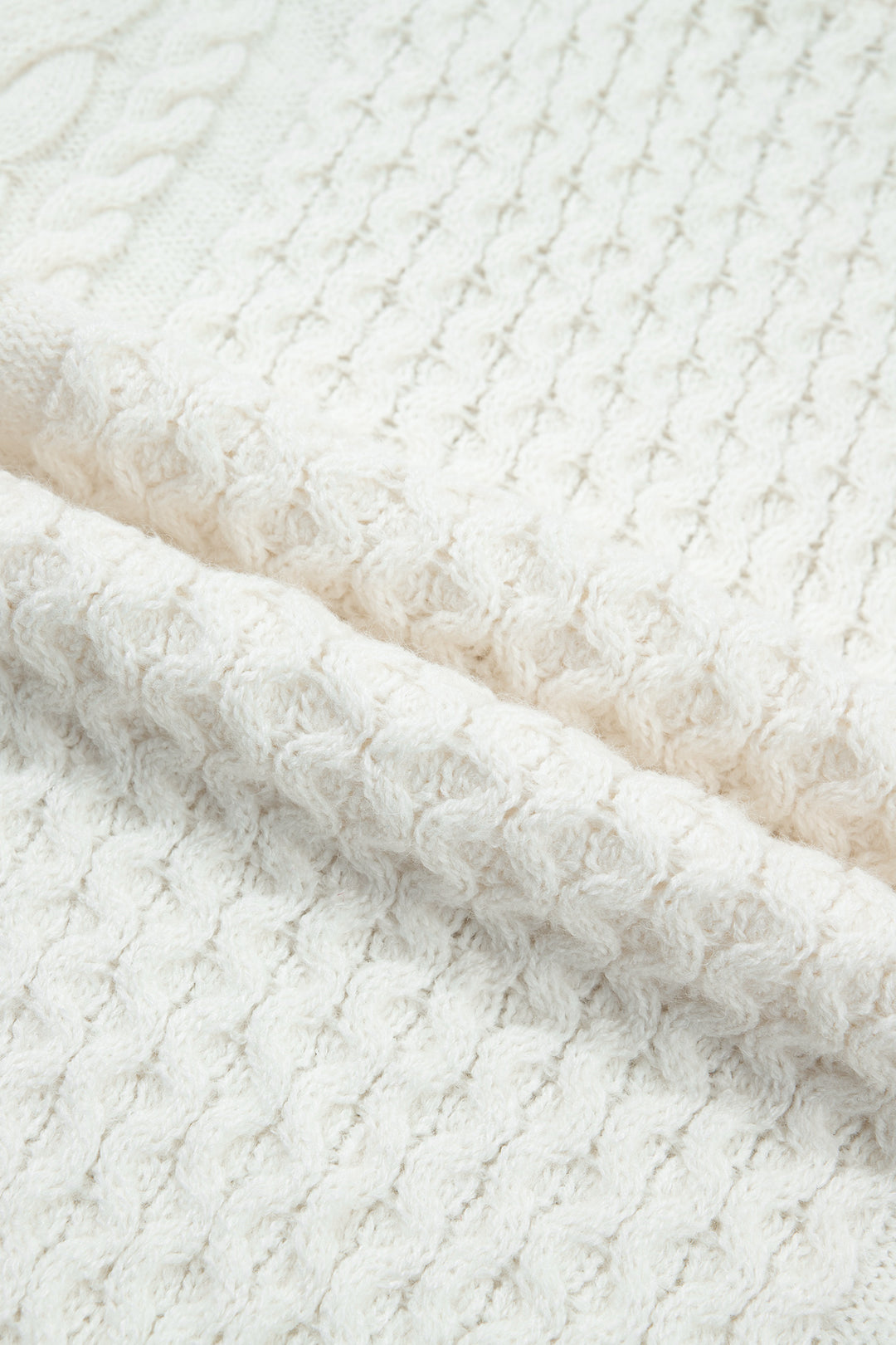 Beige Solid Color Cable Detail Knit Loose Round Neck Sweater