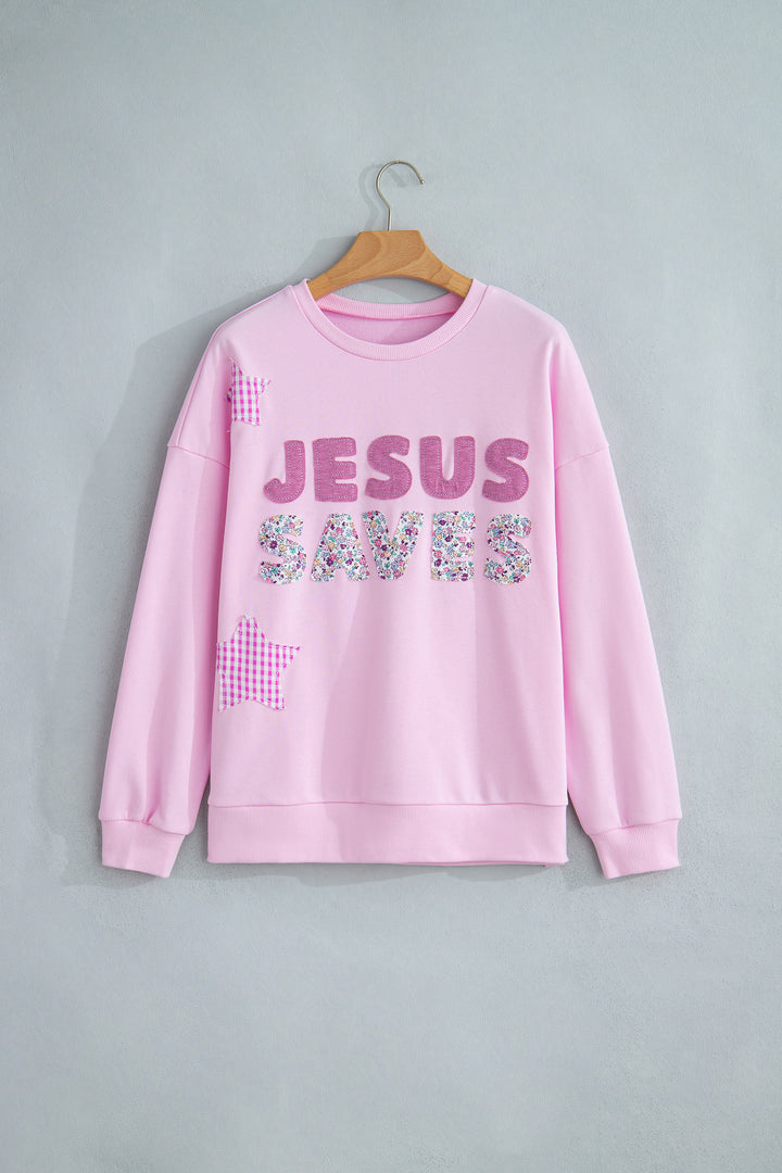 Pink Patchwork Stars Plaid Unique Floral Letters Baggy Sweatshirt