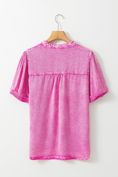 Bright Pink Mineral Wash Split Neck Pocket Patched Denim Top