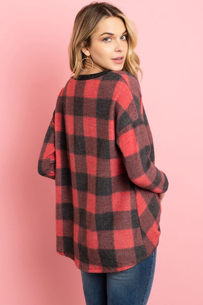 Brushed V-Neck Plaid Long Sleeve Knot Top