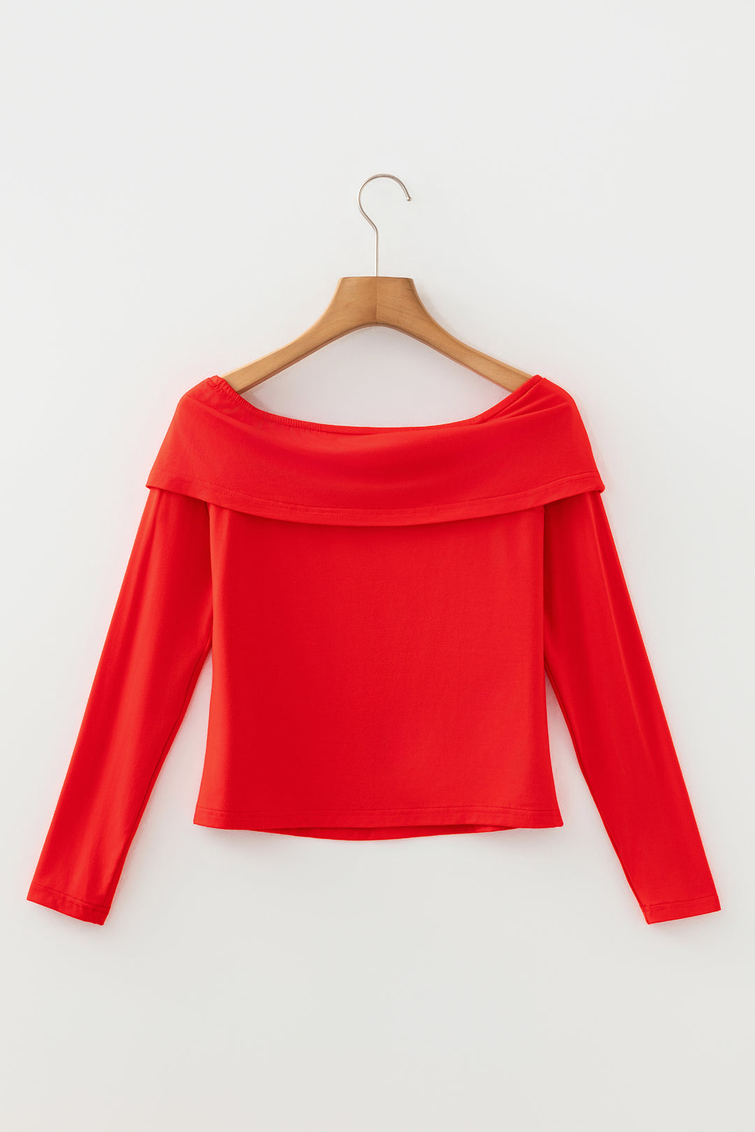 Fiery Red Foldover Off Shoulder Long Sleeve Slim Top