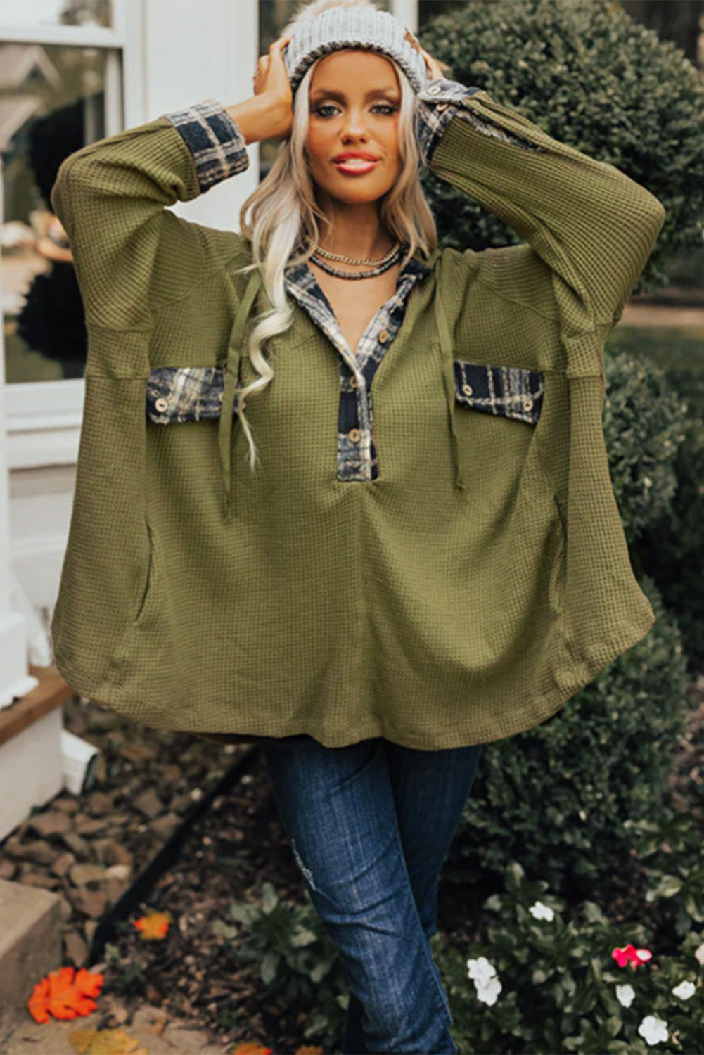 Green Flowy Plaid Accent Waffle Knit Henley Hoodie