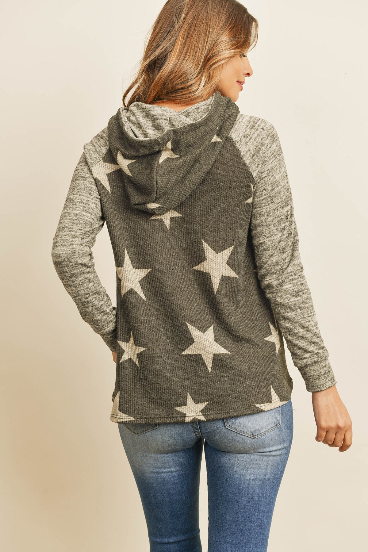 Brushed Hacci Sleeve Rib Detail Star Print Hoodie With Drawstring