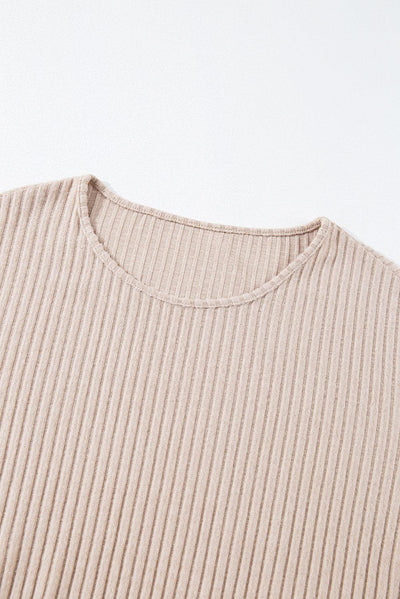 Beige Lettuce Cuffs Drop Shoulder Loose Ribbed Knit Top