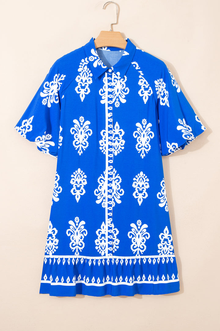 Blue Ethnic Geometric Print Collared Button Front Short Puff Sleeve Mini Dress