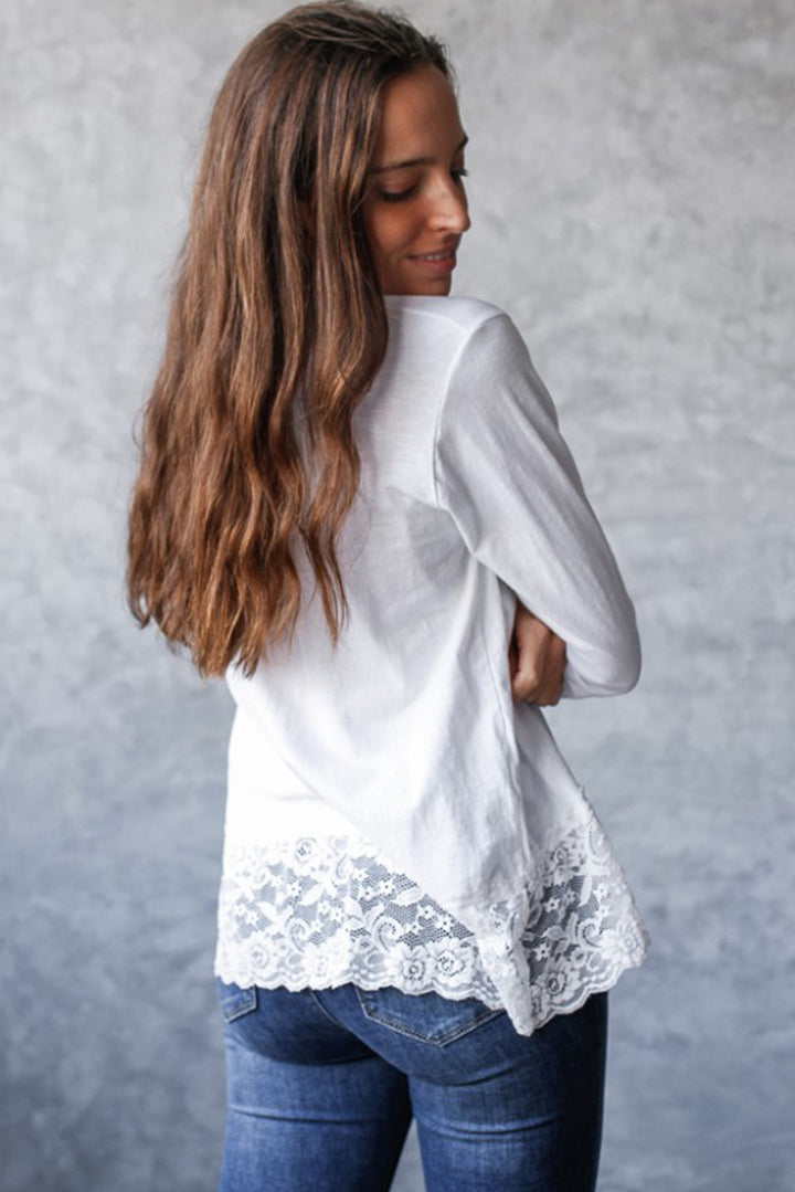 White Lace Trim V Neck Cuffed Long Sleeve Loose Top