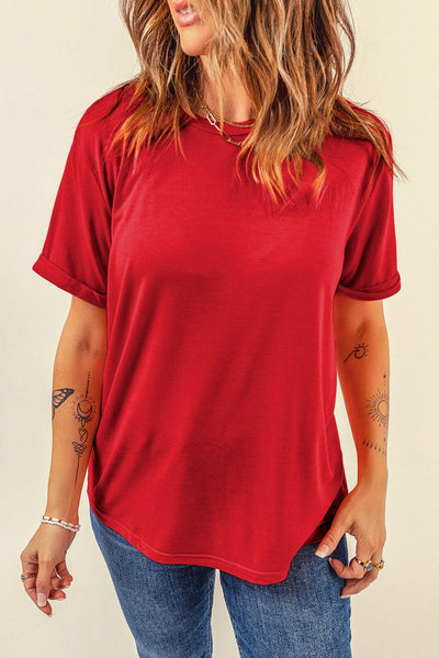 Red Casual Plain Crew Neck Tee