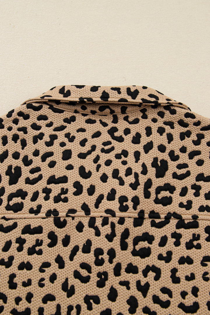 Parchment Leopard Polo Collar V Neck Pullover Top