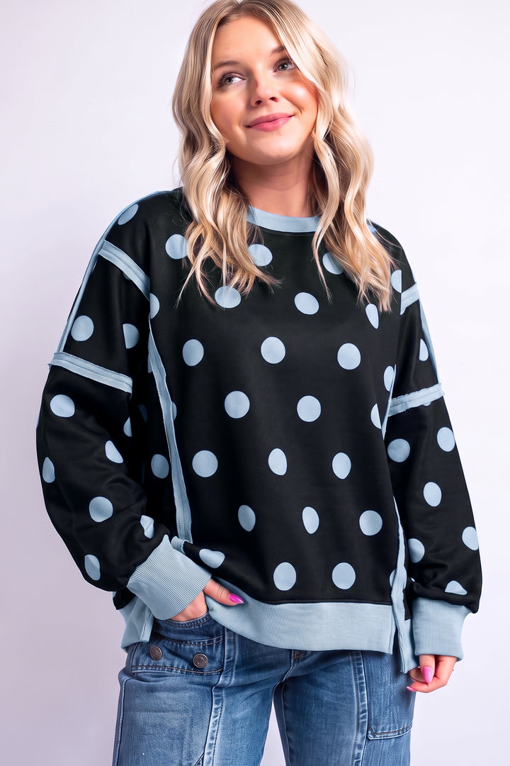 White Polka Dot Contrast Patchwork Round Neck Baggy Sweatshirt