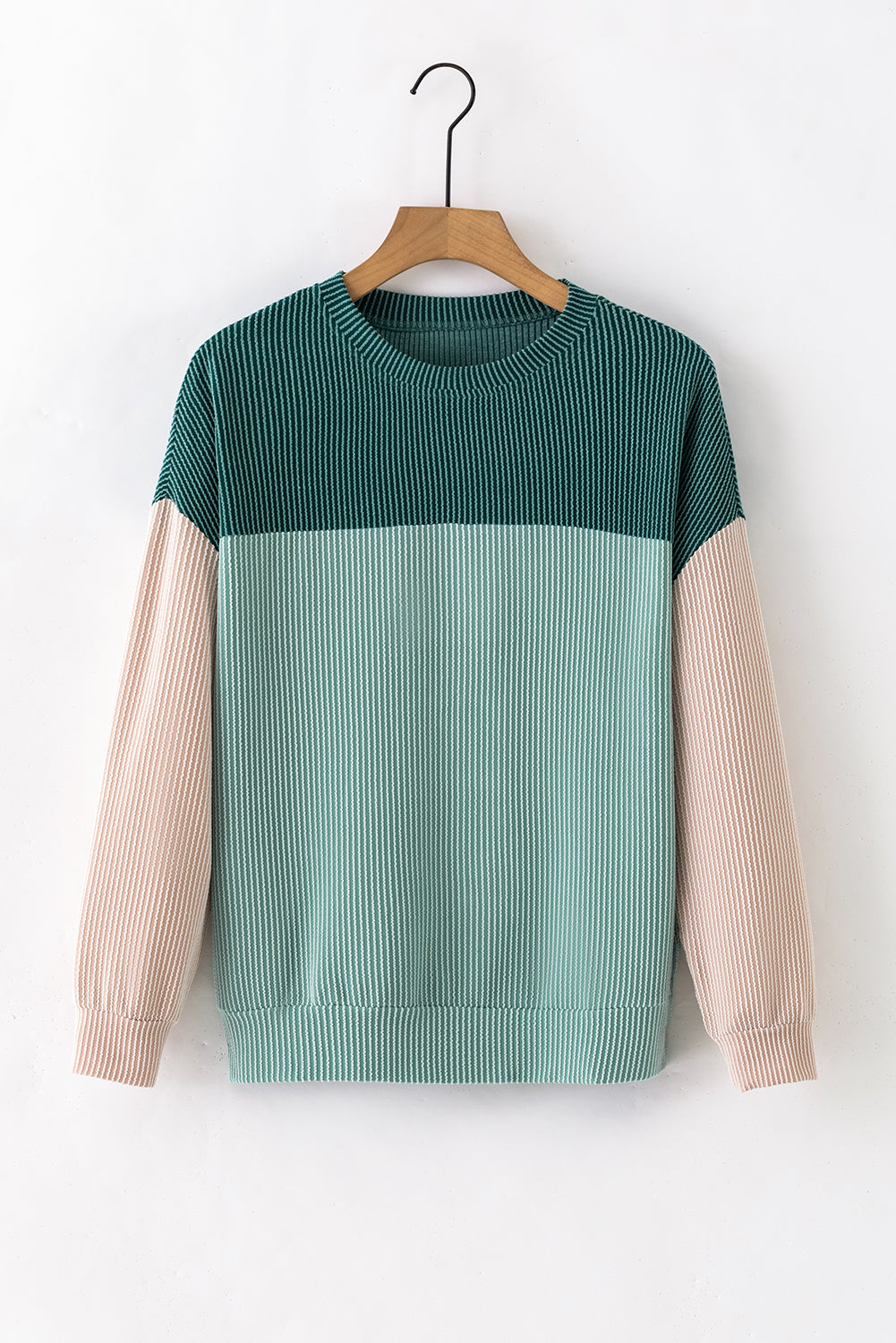 Green Color Block Long Sleeve Ribbed Loose Top