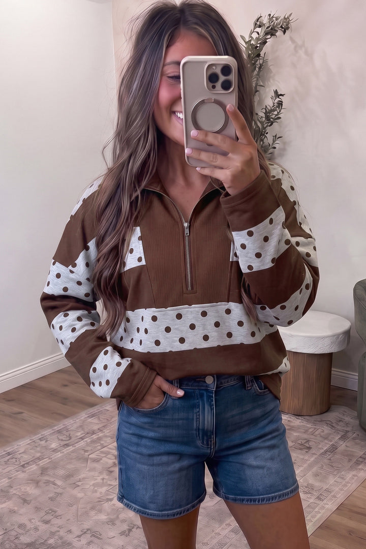Brown Stripe Patchwork Polka Dot Accent Quarter Zip Long Sleeve Top