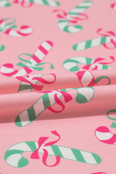 Pink Christmas Candy Cane Print Pocketed Knotted Pajama Set