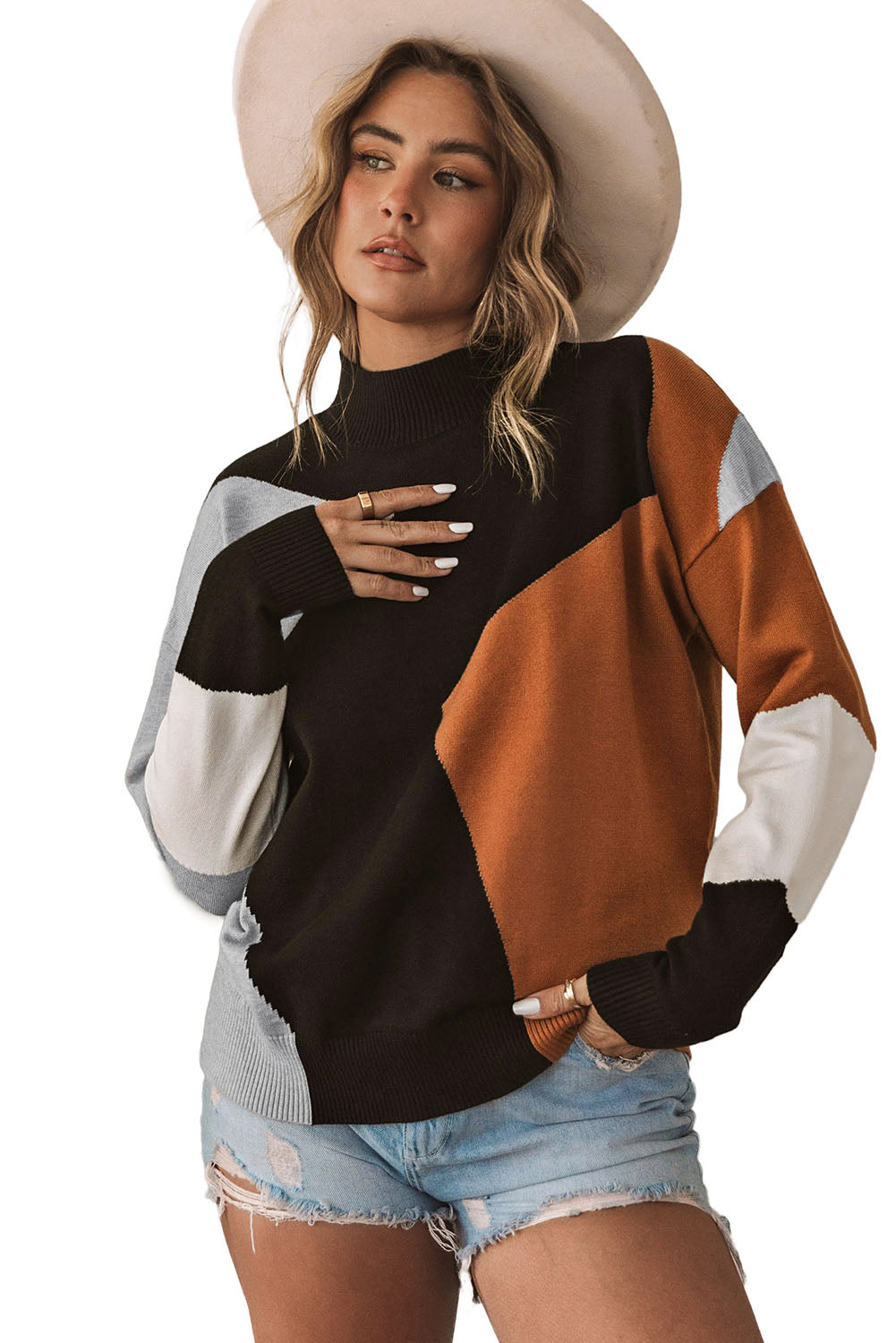 Orange Color Block Mock Neck Drop Shoulder Knit Sweater