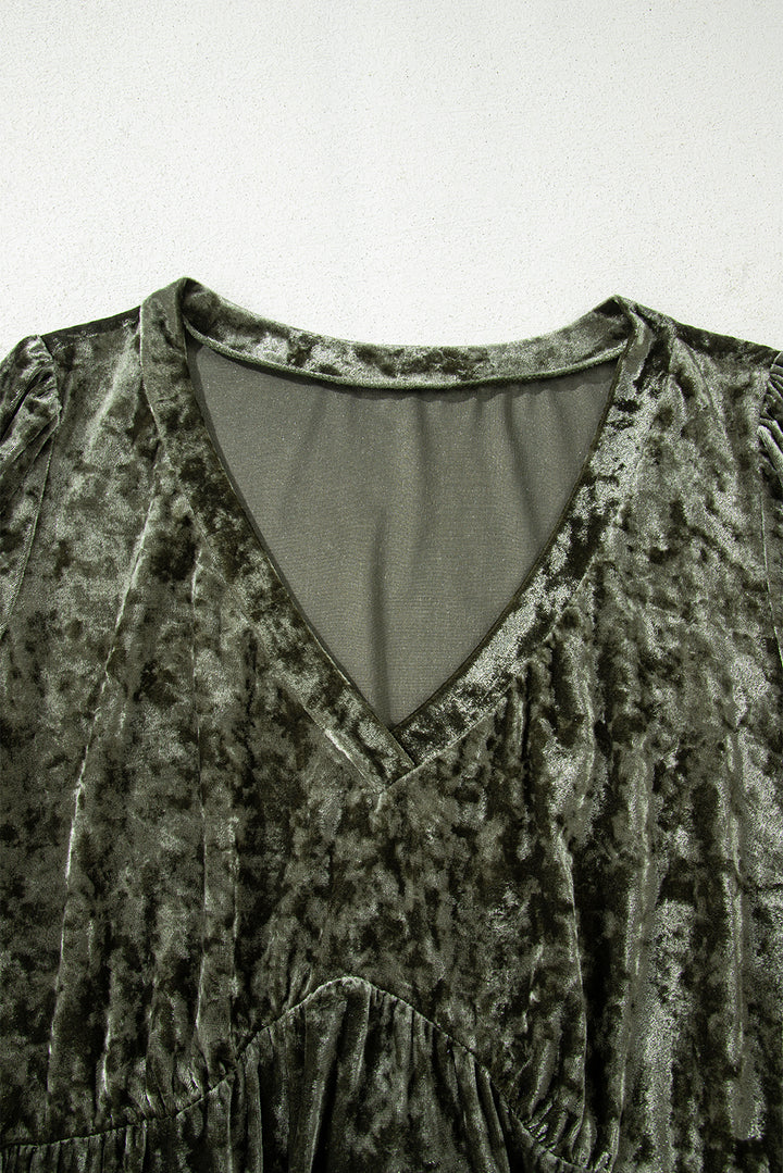 Coffee Plus Size Velvet Babydoll Mini Dress with Puff Sleeve