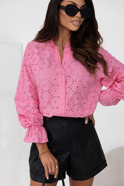 Pink Hollow Out Embroidered Floral Shirt