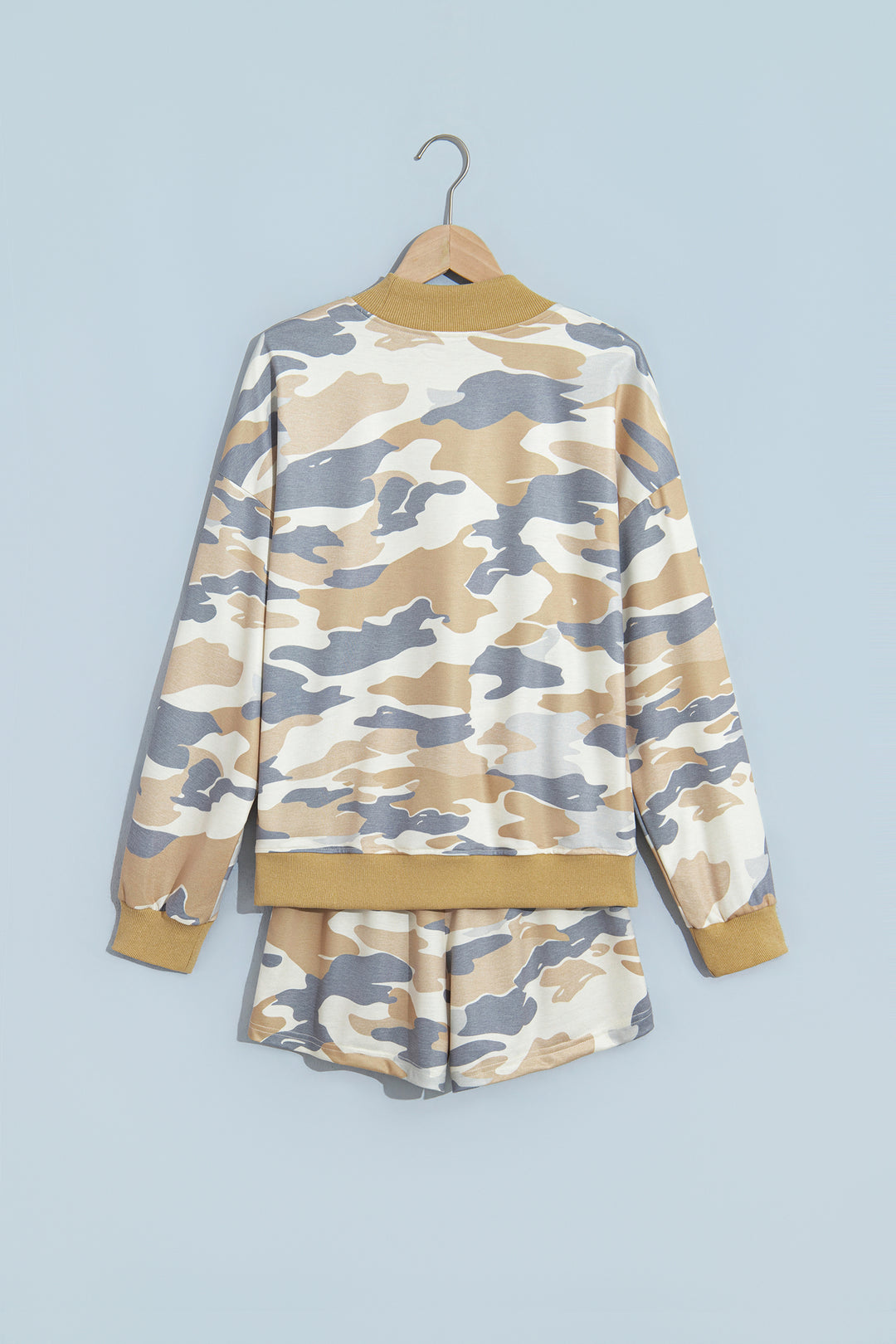 Multicolour Camouflage Print Long Sleeve Top Drawstring Shorts Set