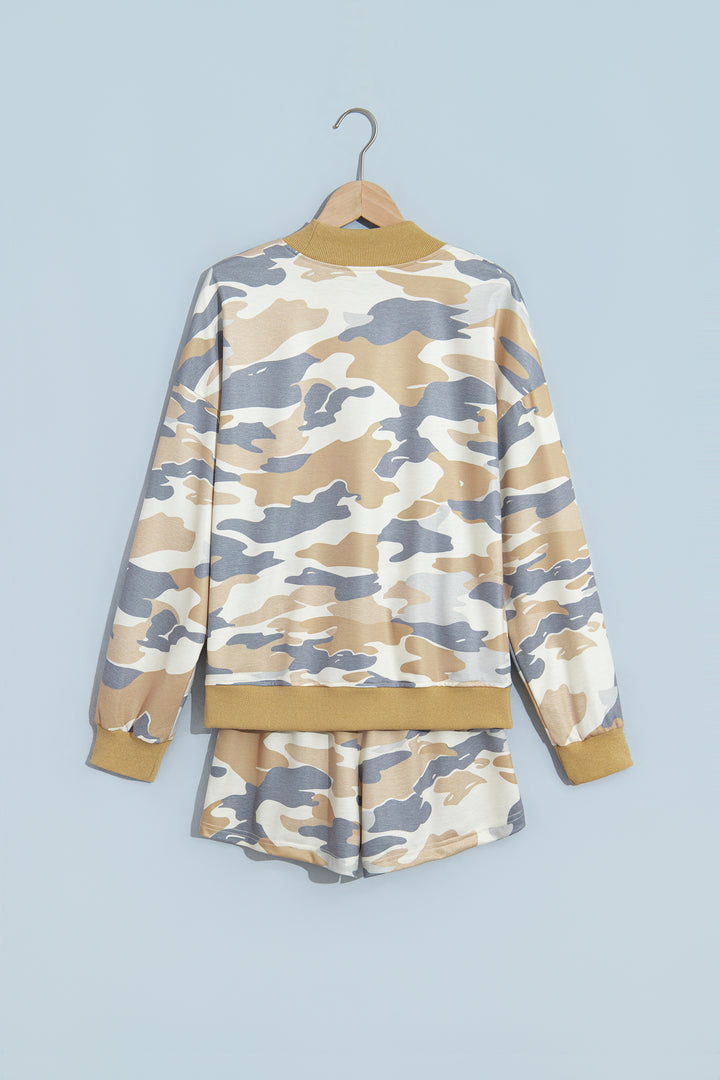 Multicolour Camouflage Print Long Sleeve Top Drawstring Shorts Set