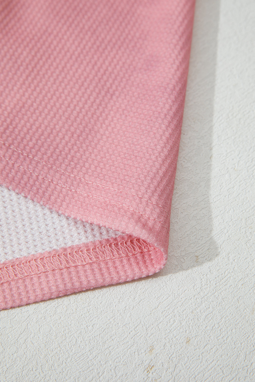 Pink Floral Patched Waffle Textured Colorblock V Neck Casual Hooded Top