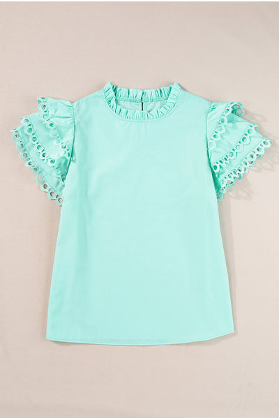 Mint Green Layered Ric Rac Cap Sleeve Frilled Neck Blouse