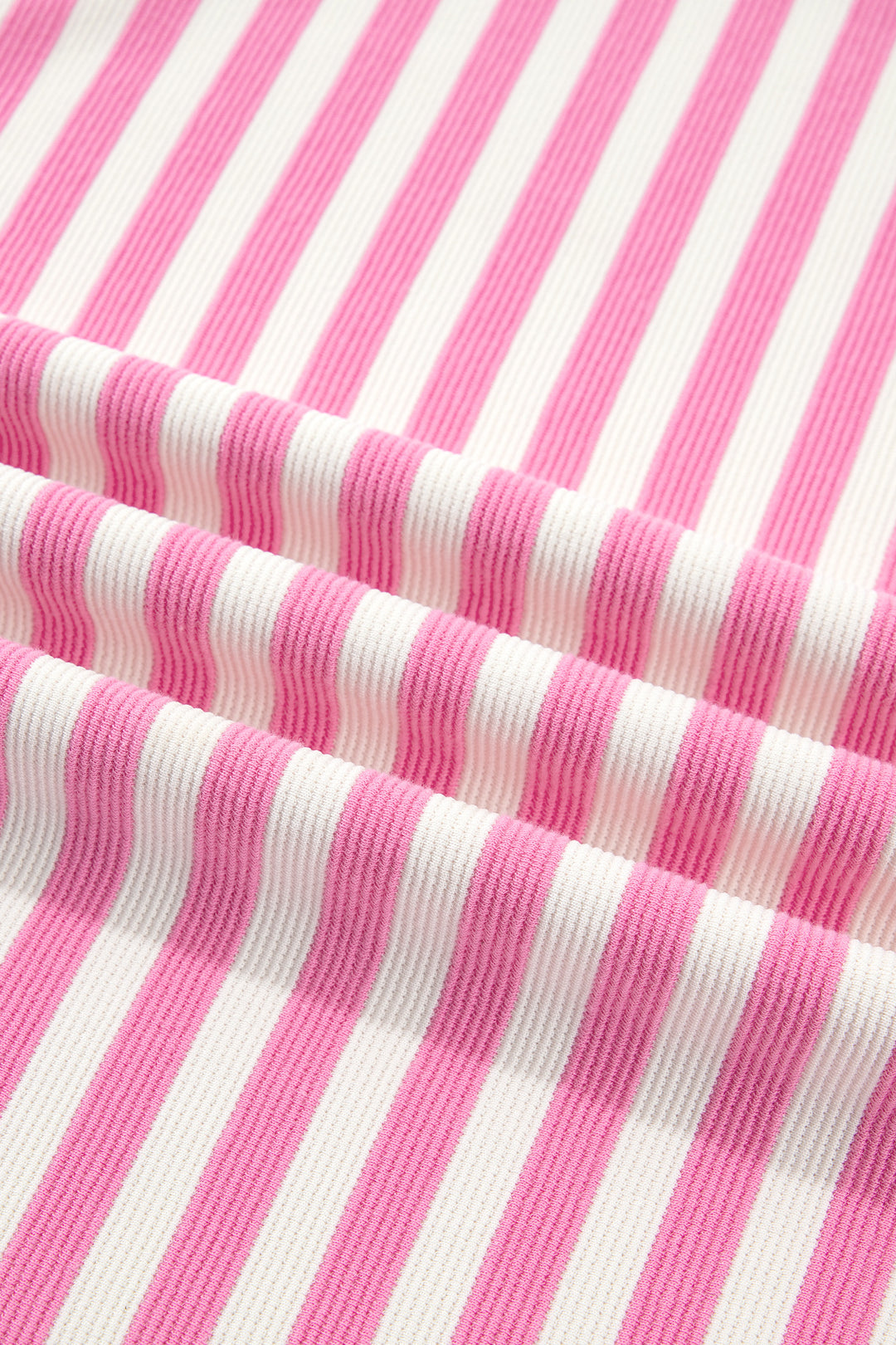 Pink Striped Long Sleeve Crew Neck Drawstring Waist Shorts Set