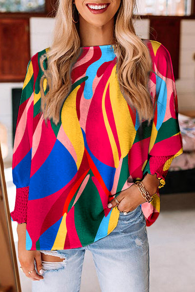 Multicolor Abstract Print Smocked Puff Sleeve Blouse